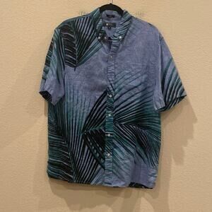Reyn Spooner Classic Linen S/S Blue Palm Print Mens Shirt Size Medium